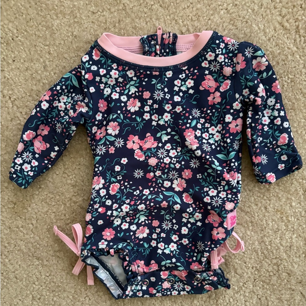 Ruffle Butts Navy and Pink Floral Rashguard
